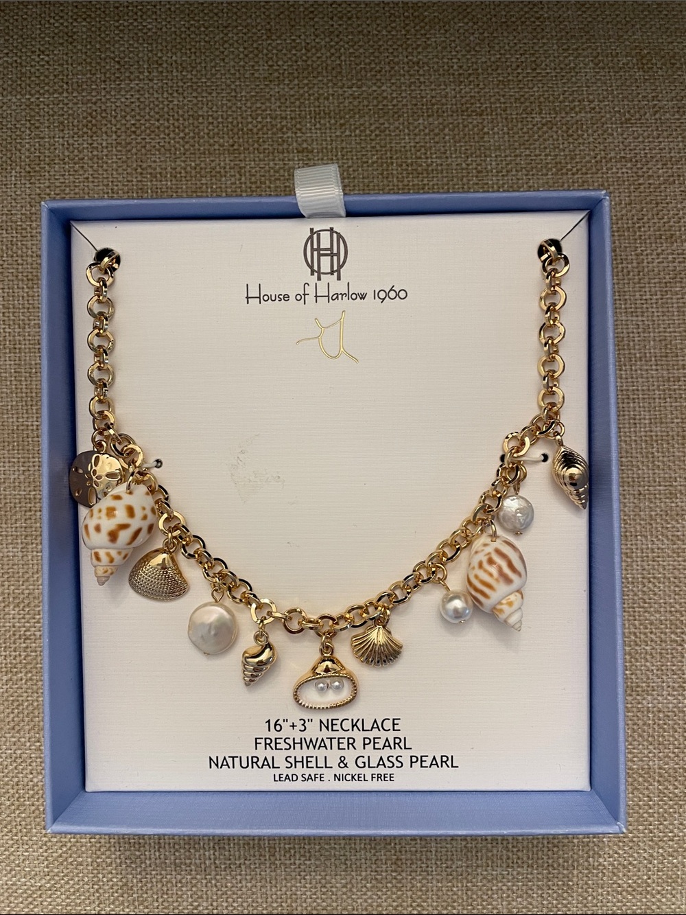 House of Harlow 1960 Gold Shell & Pearl Charm Necklace - White/Brown Shells